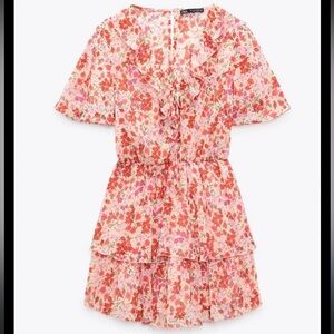 Zara Red and Pink Floral Ruffle Flutter Romper Medium